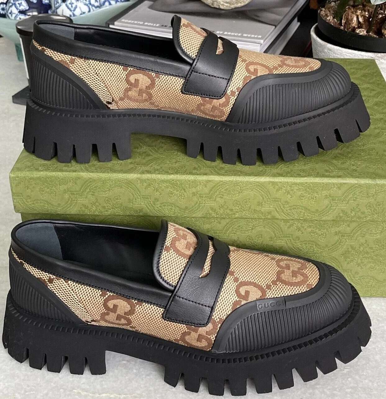 Chaussures mocassins en toile neufs en toile marron/noir 739776 Gucci taille 10+