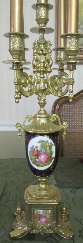 Limoges Two 5 Stick Candelabra Gilded Brass Blue Sevres Porcelain quartz clock - Image 3 of 4