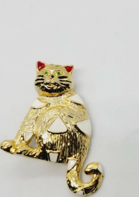 Cat Brooch Gold tone Enamel Patches Green Glass Eyes Red Ears Vintage RARE