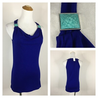 #ad NWT WHBM WHITE HOUSE BLACK MARKET Womens sz XXS Blue Turquoise Silver Stone Top $43.90