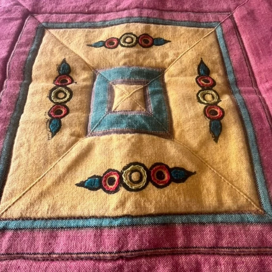 Vintage Tibetan Embroidered Sham Cushion Cover 25x25" Tassels Asian Multicolor - Image 3 of 4