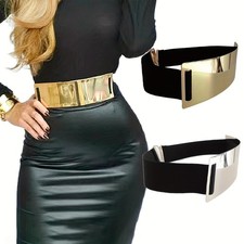 Metallic Glossy Wide Waist Belt for Women Elegant Punk Style Dress Accessory