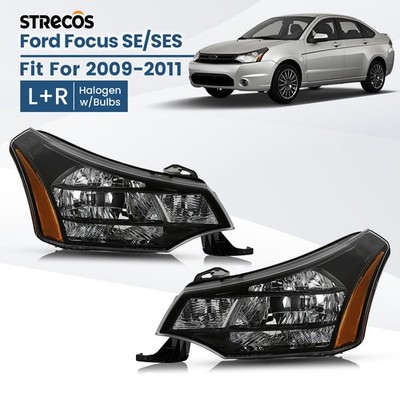 Halogen Headlight For 2009-2011 Ford Focus w/ Bulb Black Crystal Pair Left+Right