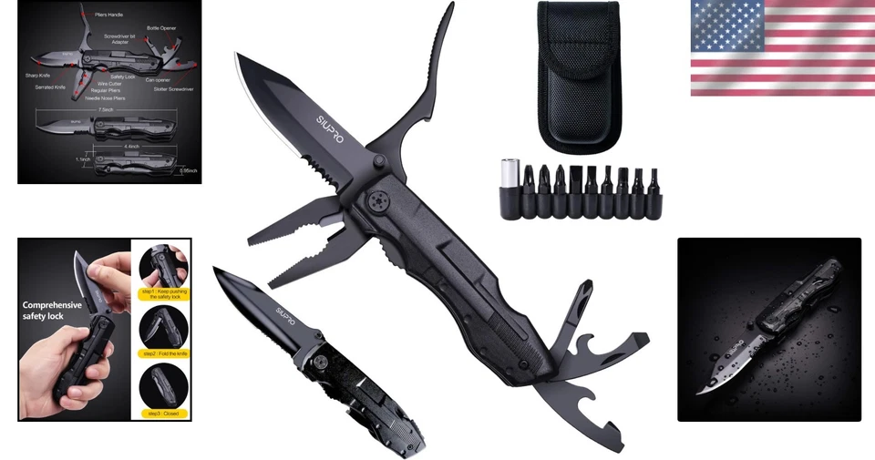 Multitool Pocket Knife Black Metal Folding Knife with Pliers and Screwdriver Kit - Image 2 of 4
