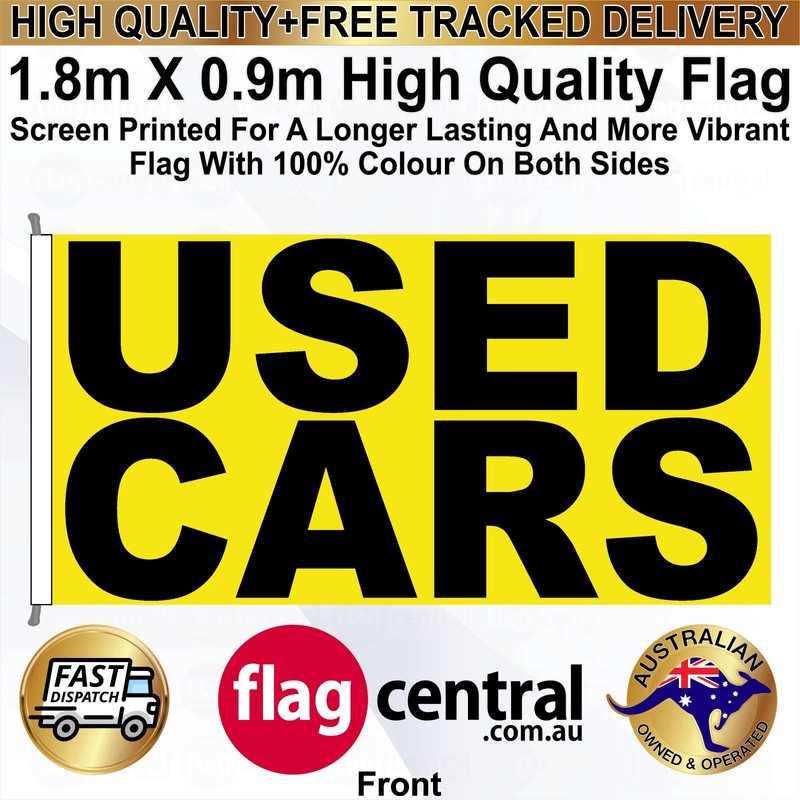 A - USED CARS - Yellow - 1.8m x 0.9m High-Quality Screen-Printed Flag - 1