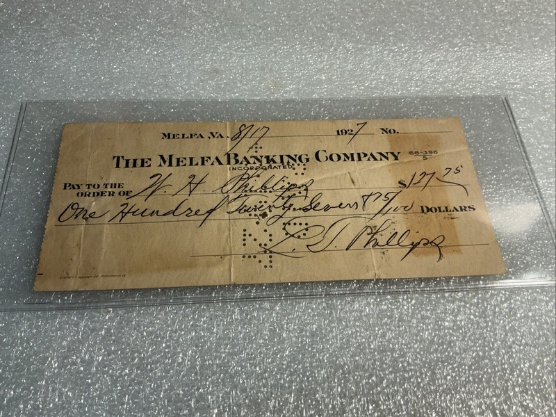 Vintage Check 1927 Melfa Banking Co.