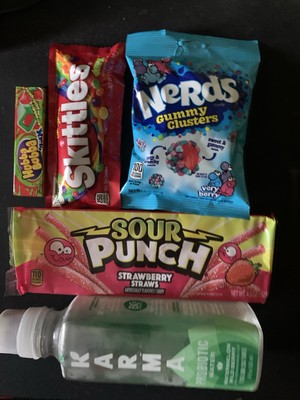 Variety 5 Pack- Sour Punch, Nerds , Skittles, Hubba Bubba, Karma Drink + extra