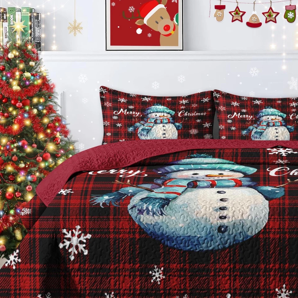 Christmas King Size Quilt Set, Winter Black Red Plaid Lightweight Bedspread C... - Image 3 of 4