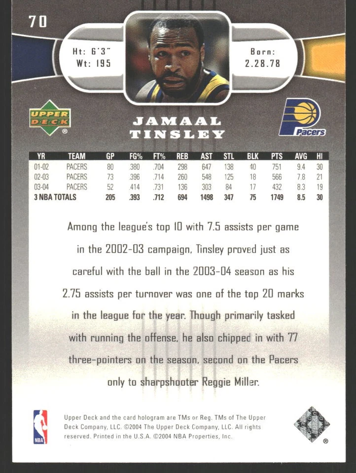 Jamaal Tinsley #70 2004-05 Upper Deck Indiana Pacers - Image 2 of 2