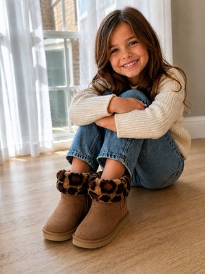 UGG Kids Leopard Cuff Classic Mini Boots Brown Suede Cozy Winter Shoes
