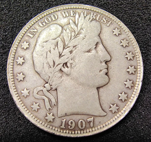 1907-D Barber Half Dollar 50C - 90% Silver - Denver Mint - Fine Condition