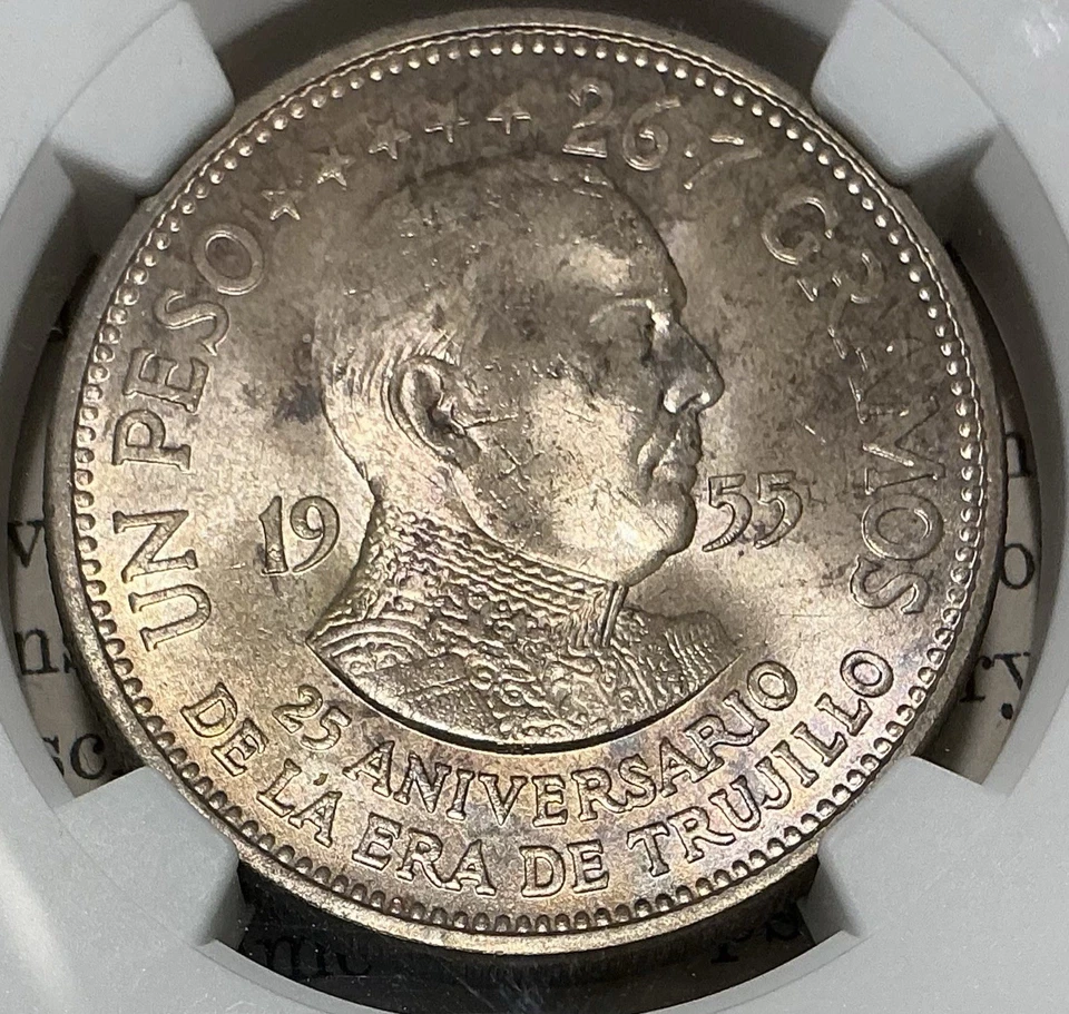 1955 Dominican Republic Peso NGC MS63+ Trujillo Anniversary Silver Coin - Image 3 of 4