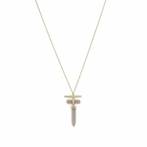 14K Yellow Gold Plated Pencil Cut Gray Moonstone Drop Pendant Women Necklace 16" - Picture 2 of 3