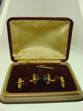 ART DECO 1930'S SWANK B W PLATE HEMATITE CUFF LINKS  STUD IN ORIG. BOX 
