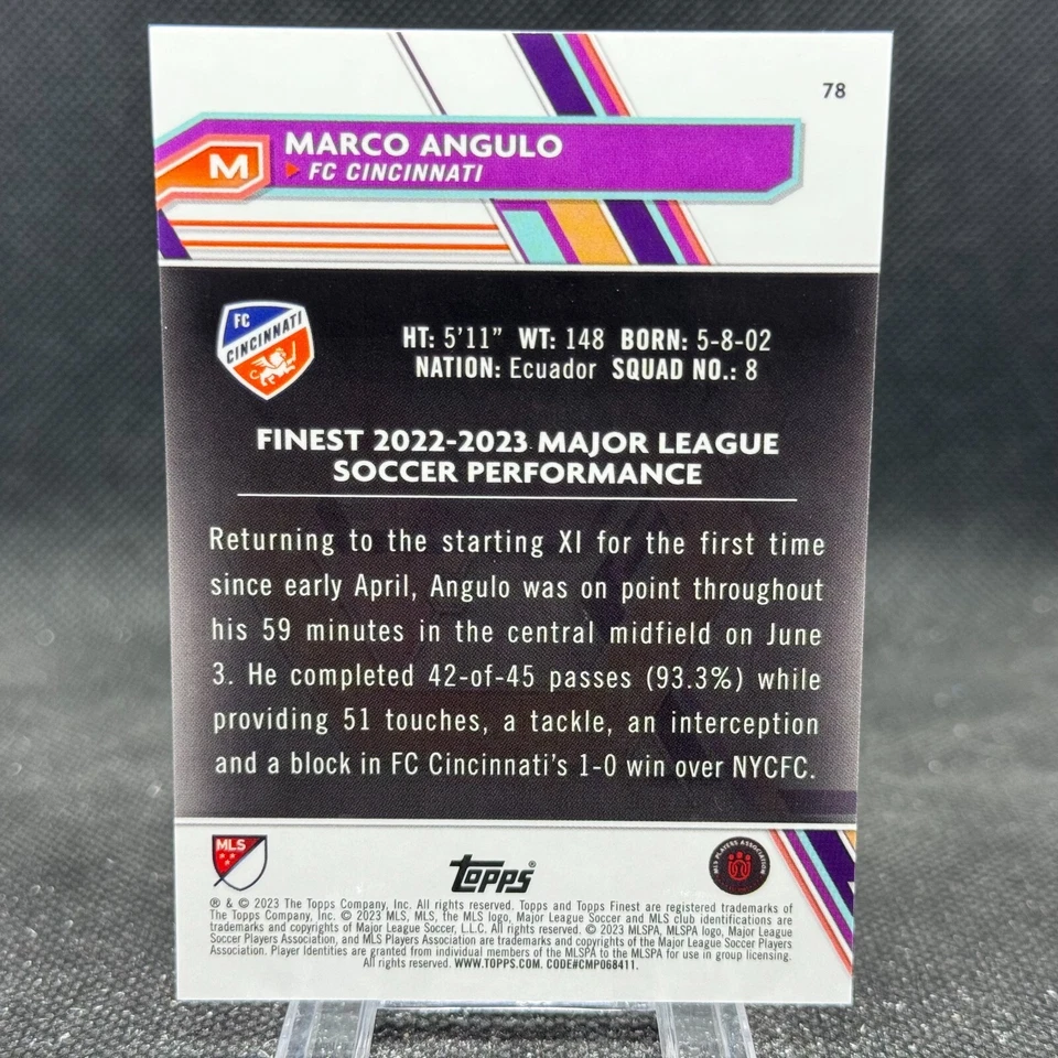 Marco Angulo 2023 Topps Finest MLS Pink Prism /125 Rookie FC Cincinnati #78 - Image 2 of 2