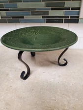 Vtg Green Glaze Bowl Leaf Design Metal Stand Rowe Pottery Works (RPW) 5.75" T