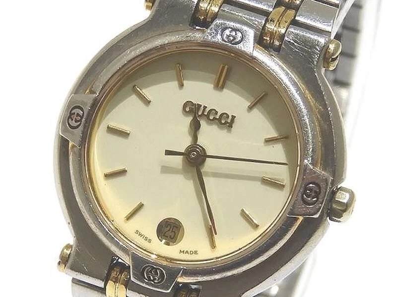 Montre bracelet à quartz pour femme GUCCI 9000 L blanc argent DATE évaluée en acier inoxydable