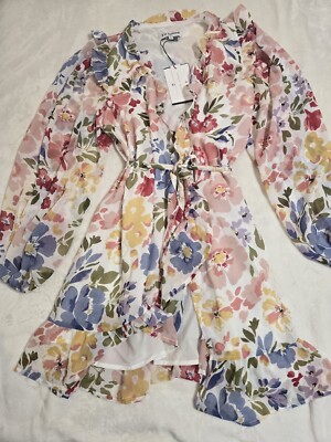 en saison constantia floral chiffon dress EN SAISON Constantia Floral Print Ruffle Wrap Dress Long Sleeve Small
