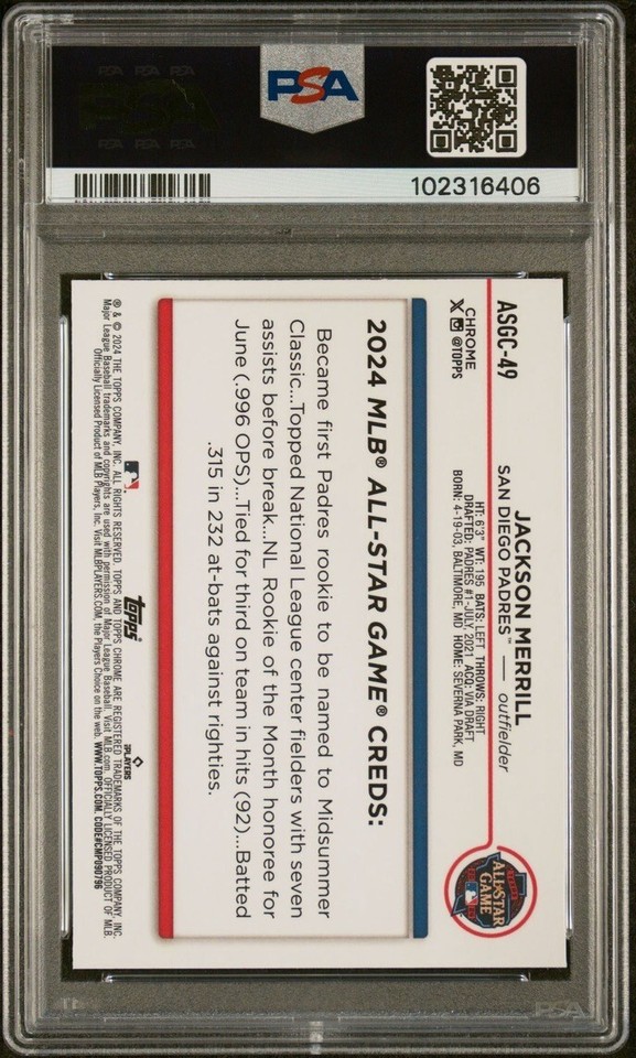 2024 Topps Chrome Update Jackson Merrill All Star Game Refractor RC PSA