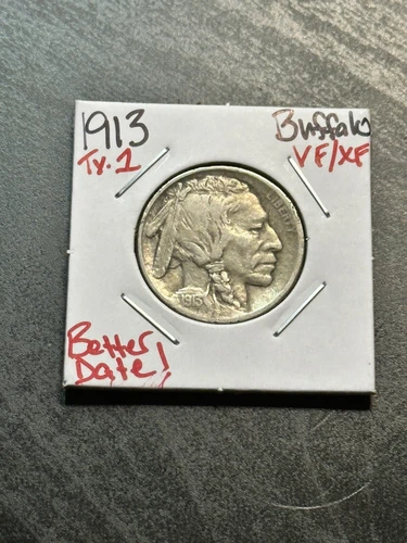 1913 Type 1 Buffalo Nickel Semi Key Better Date Coin VF/XF Extra Fine (Raw9843)