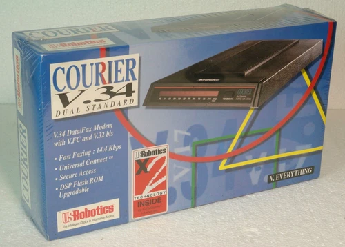 Vintage US Robotics Courier V34 Dual Standard External Modem – New & Boxed