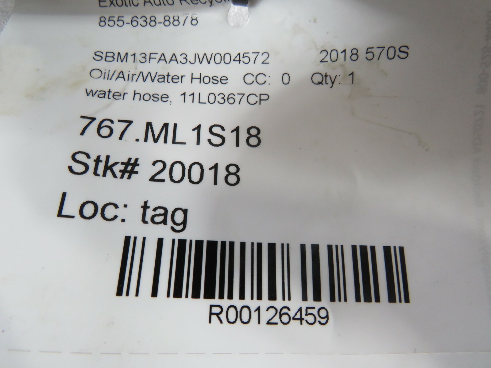 McLaren 570S, Water Hose, Used, P/N 11L0367CP