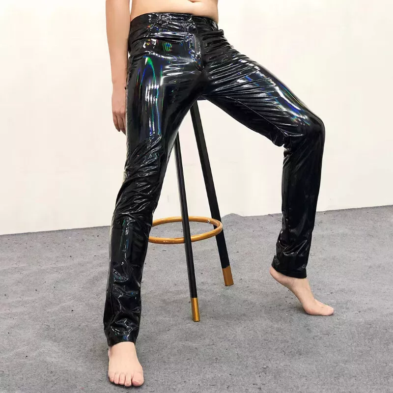 Men Faux Leather Pants Trousers Shiny Stage Party Laser