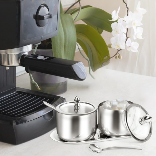 2 Pcs Stainless Steel Sugar Bowl with Tray - Container Glass Lid and Spoon - Picture 2 of 7