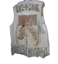 Men's Leather Suede Western Vest Fringed Tan And Beige Horse Image Read