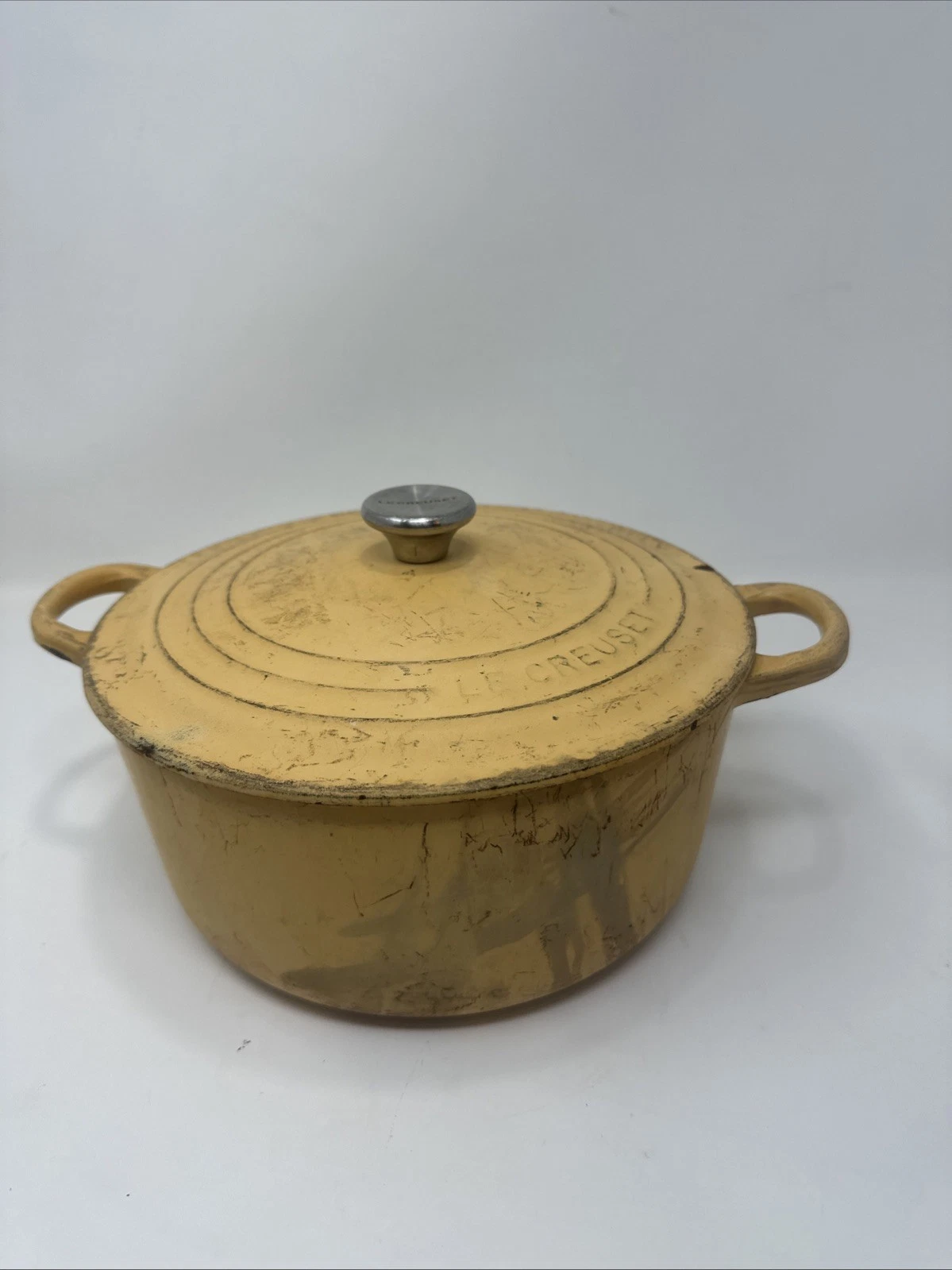 LE CREUSET 22 Enameled Cast Iron 3.5 Qt. Round Dutch Oven Yellow Made In FRANCE