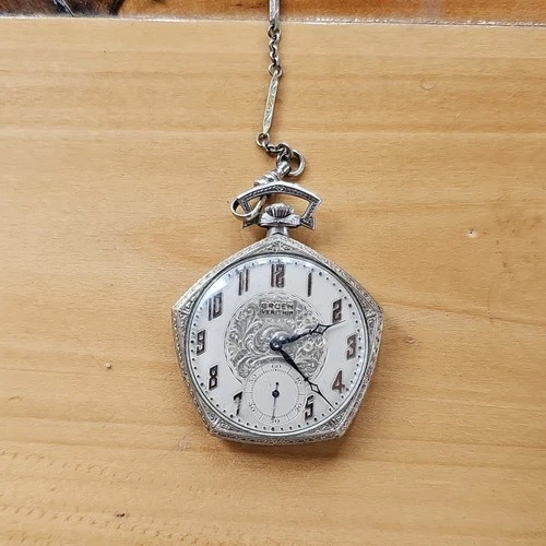 Gruen Veri-Thin Silver Pocket Watch with Chain, Ornate Dial, Engraved 'HIF'