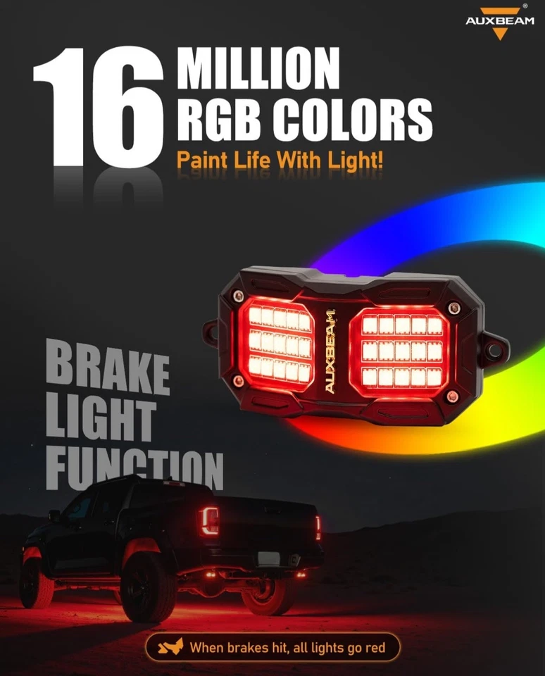 8 cápsulas luces de roca LED RGB con modo de freno, luz de pozo de rueda que cambia de color dinámico Foto 2 de 4