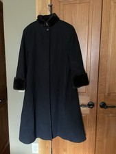 Vintage Black Wool Duster Coat With Faux Fur Collar And Cuffs