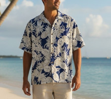 Vintage Hilo Hattie Camp Shirt Mens L Blue 100 Cotton Tropical Pineapples