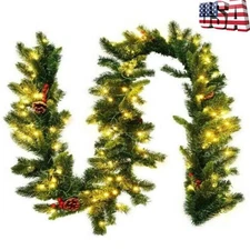 9FT Artificial Christmas Garland with Pre-lit White LED String Light Xmas Flower