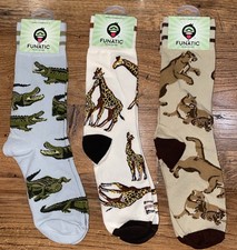 x3 Novelty Crew Socks Funatic Animals Alligators Giraffes Cougar/MtnLion/Panther