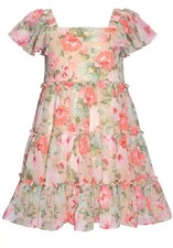 NWT Bonnie Jean Girls 10 Peach Floral Chiffon Dress Short Sleeve Ruffle