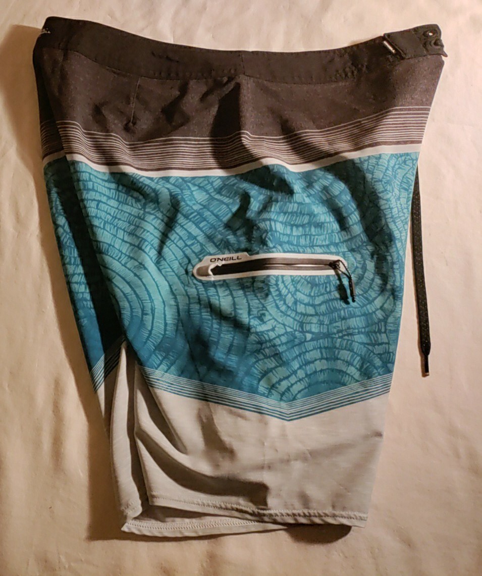 O'Neill Hyperfreak Teal Black Gray Snail Shell Design Board Shorts 33 NWOT RARE image 2