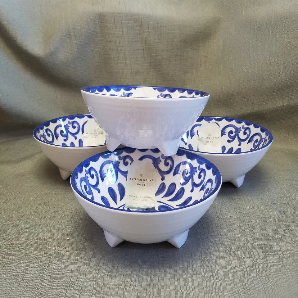 5-Artisan De Luxe BLUE ROSE SCROLL Melamina 4- Cuencos 6 1/4" - Cuenco para servir ¡NUEVO! Foto 4 de 4