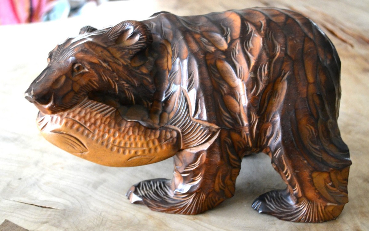Japanese Wooden Carving Bear Vintage Salmon in its Mouth Hokkaido