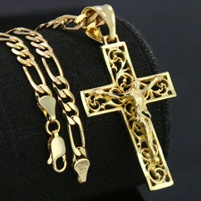 18k Gold Plated JESUS CROSS CRUCIFIX Charm Pendant 5mm 18" Figaro Necklace Chain