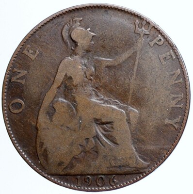 1906 GREAT BRITAIN UK King EDWARD VII UK Genuine OLD Antique Penny