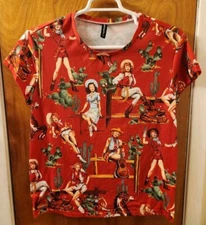 Just Fashion Now Texas Western Red Cowgirl Print Top Size Medium 