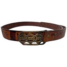 Vintage Israel Jerusalem Leather Belt Brass Buckle  Embossed Camel Design Boho