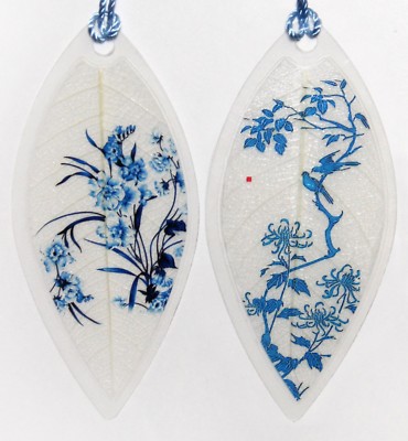 Blue Flowers & Birds Leaf Bookmarks, 2pc Asian Painting Charm- Free Shipping!