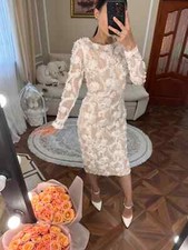 New Xscape Dress Long Sleeve Soutache Embroidered Floral Lace Midi Sheath Size 4