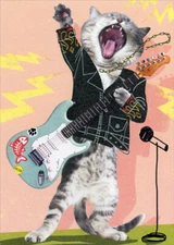 Designer Greetings Rock Star Cat with Blue Guitar Funny / Humorous Birthday Card