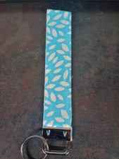 Handmade Blue White Floral Fabric Wristlet Key Chain Strap w/ Metal Ring