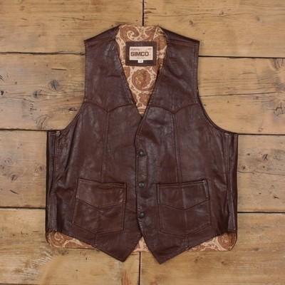 Vintage Simco Vest L 44 Mens 90s Brown USA Made Lined Western Biker Gilet