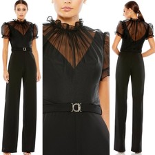 Mac Duggal Ieena 26621 Belted Sheer High Neck Short Sleeve Jumpsuit Black 8 New